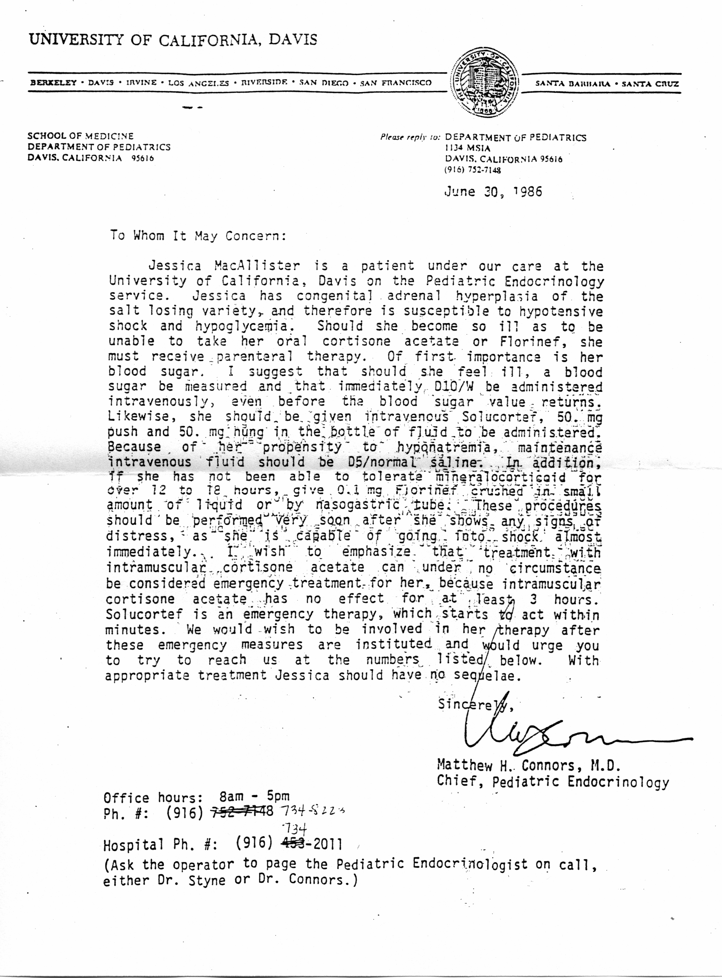 1986 Jessica MacAllister Emergency Letter